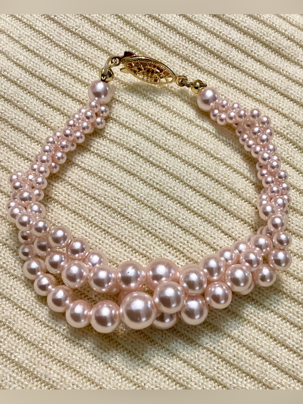 Pink Faux Pearl Multi-Strand Bracelet Gold Tone Box Clasp